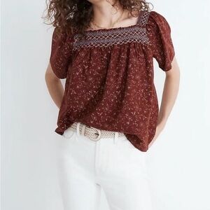 NWT Madewell Rust Colored Floral Smocked Blouse-Size Large